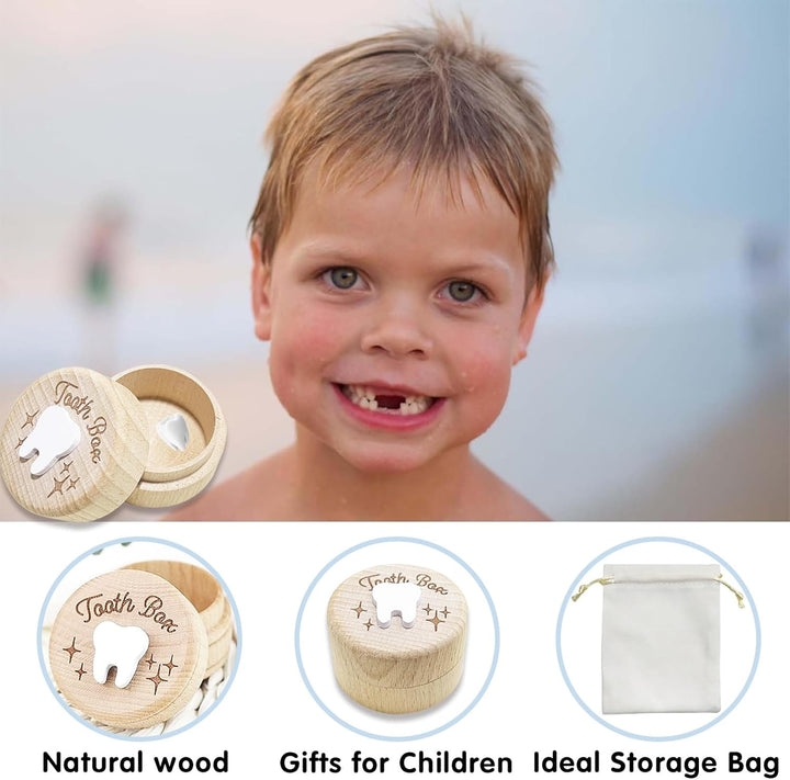Tooth Fairy Box with Storage Pouch, Wooden Tooth Keepsake Box for Kids' First Lost Teeth, Lost Tooth Case to Put under Pillow,Tooth Fairy Gifts for Children