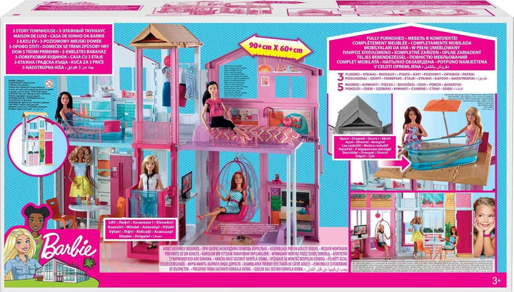 Doll House Playset, 3-Story Townhouse with 4 Rooms & Rooftop Lounge, Furniture & Accessories Including Swinging Chair (Amazon Exclusive)