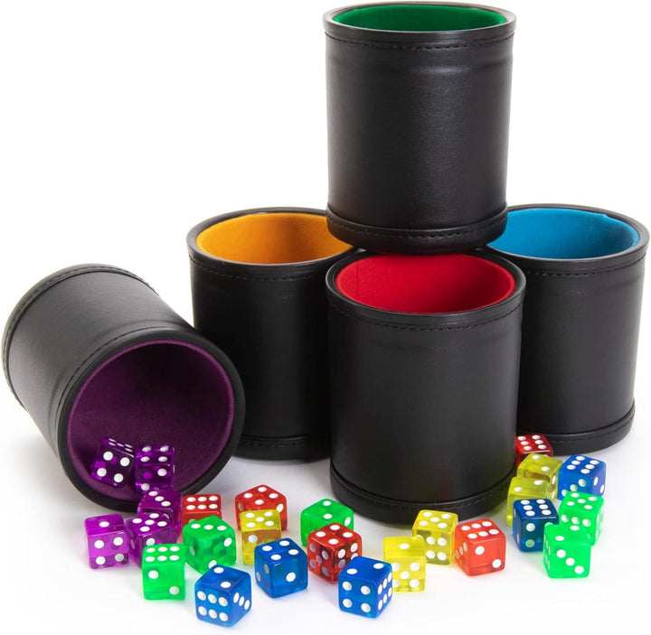 Dice Set with Dice Shaker Cup - Perfect for Casino Dice Game for Family Leather - Poker Dice Shaker - 5 Red Lined Dice Cups and 25 Dice Sets