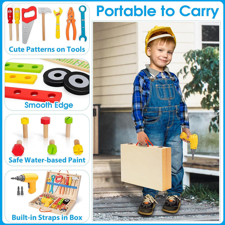 Kids Tool Set Toy with Drill, Stem Montessori Toys for 3 4 5 Years Old Boy Girl, 44 Pcs Wooden Toddler Tool Kits Inc Box, Learning Educational Construction Toy