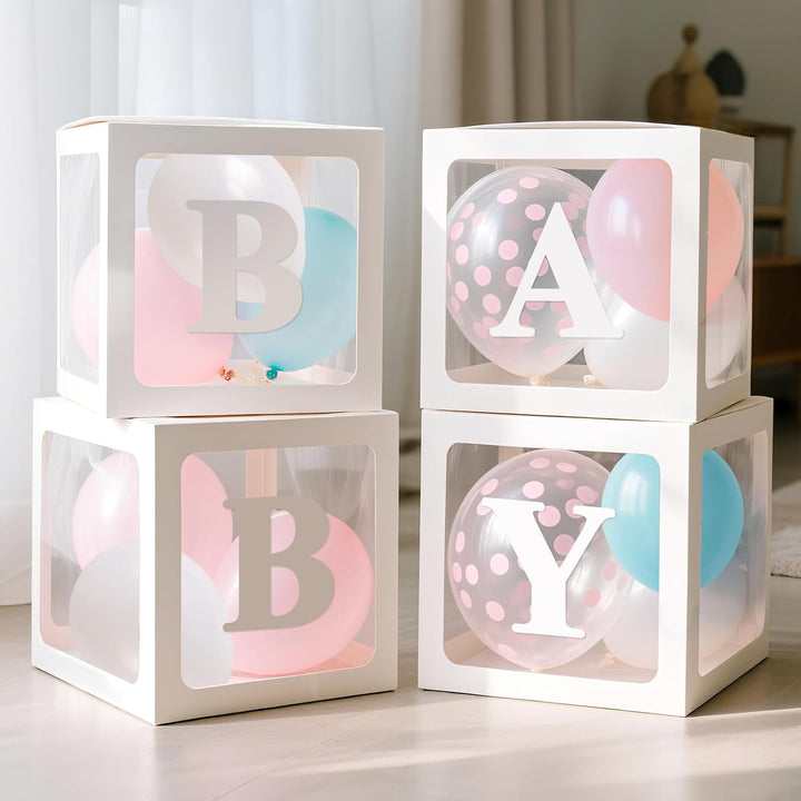 Baby Boxes with Letters for Baby Shower Decorations, 4 Pcs Clear Baby Balloon Boxes Blocks Decor with LED Fairy String Lights for Boy Girl Gender Reveal Decorations Backdrop Party (White)