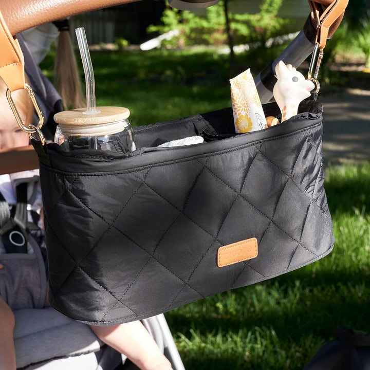Beautiful Stroller Caddy Organizer with 2 Cup Holders – Luxury Stroller Bag, Universal Fit, Leather Straps & Zipper Pocket – Spacious Accessories Perfectly Fits Doona, Nuna & Uppababy Strollers