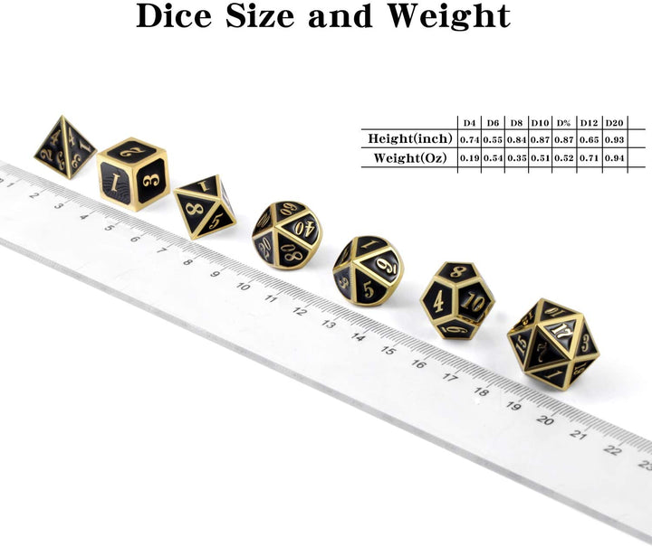 Metal Dice Set D&D, 7 Die Metallic Polyhedral Dice Set with Gift Metal Box and Gold Number for DND Dungeons and Dragons Role Playing Games (Black and Gold)