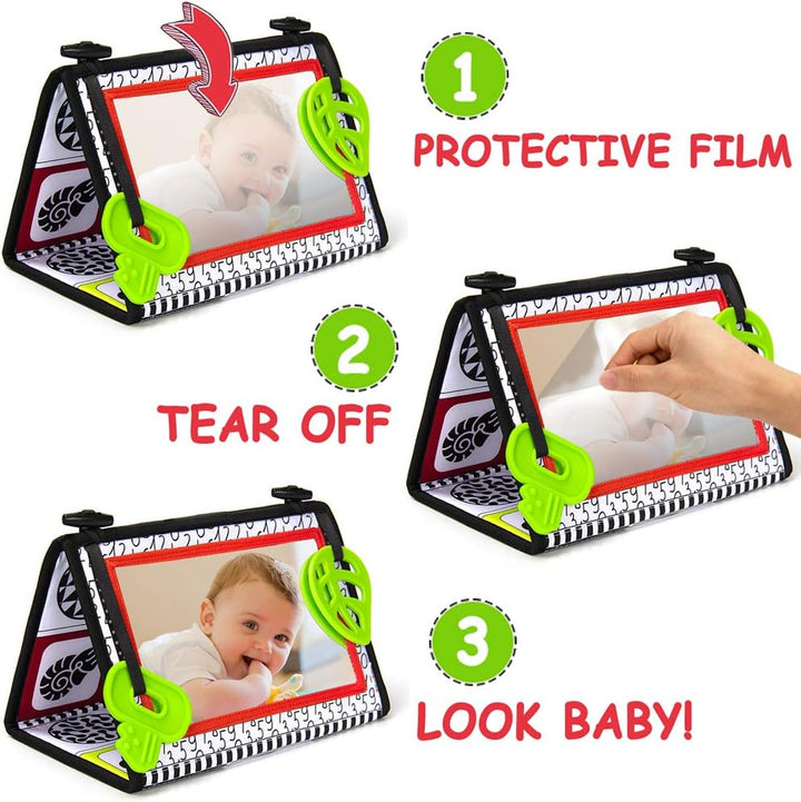 Tummy Time Baby Mirror Toys with Teethers, Double Black and White High Contrast Baby Toys 0-6 Months, Foldable Floor Sensory Development Toys for Infants Newborn