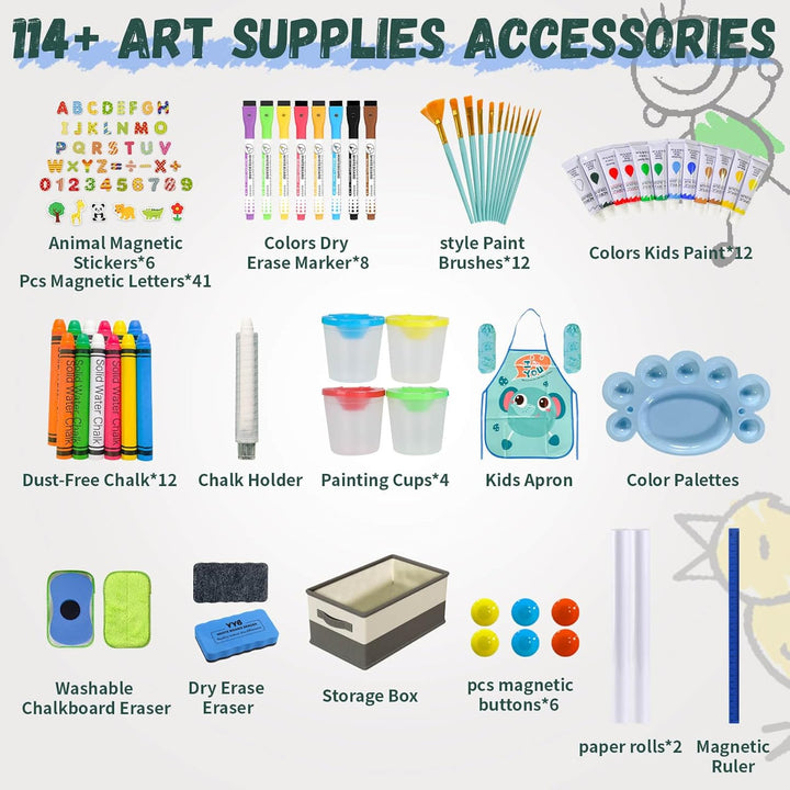 Easel for Kids,Adjustable Wooden Art Easel for Kids,114+ Art Supplies,Double Sided Magnetic Chalkboard and White Board for Kid,Drawing and Painting for Aged 2-4,5-7,8-12,2 Paper Rolls