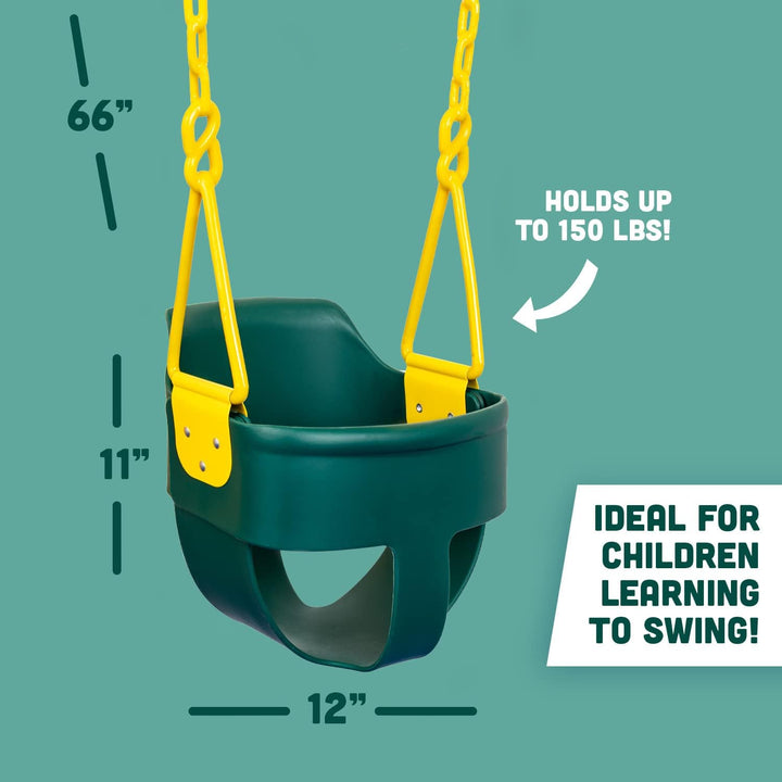Premium High Back Full Bucket Toddler Swing Seat with Finger Grip, Plastic Coated Chains and Carabiners for Easy Install - Green -