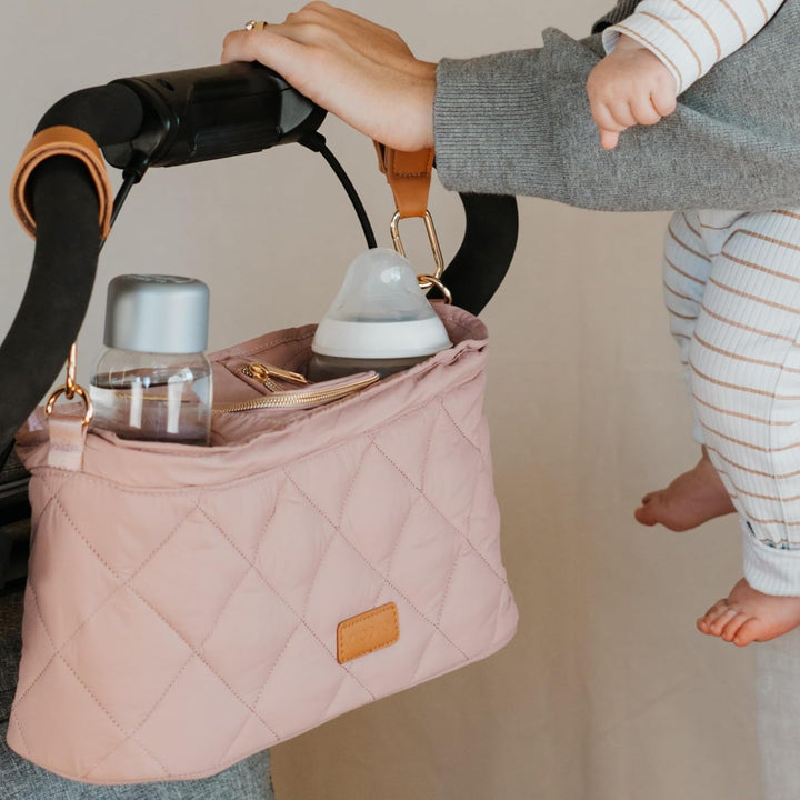 Beautiful Stroller Caddy Organizer with 2 Cup Holders – Luxury Stroller Bag, Universal Fit, Leather Straps & Zipper Pocket – Spacious Accessories Perfectly Fits Doona, Nuna & Uppababy Strollers
