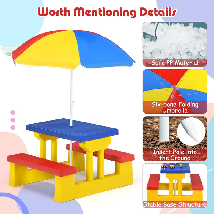 Kids Picnic Table, Kids Outdoor Table and Chairs with Removable and Adjustable Umbrella, Portable Toddler Picnic Table for Patio, Backyard, Garden (Colorful)