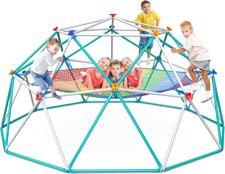 Climbing Dome with Climbing Cargo Net, 10 Ft Dome Jungle Gym with Hammock for Kids Outdoor Playset Monkey Bars Backyard
