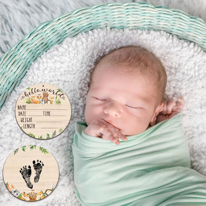 Baby Announcement Wooden Name Sign for Hospital Birth Double Sided Newborn Welcome Sign with Marker Pen and Ink Pad for Baby Shower Hand Footprints(Jungle)