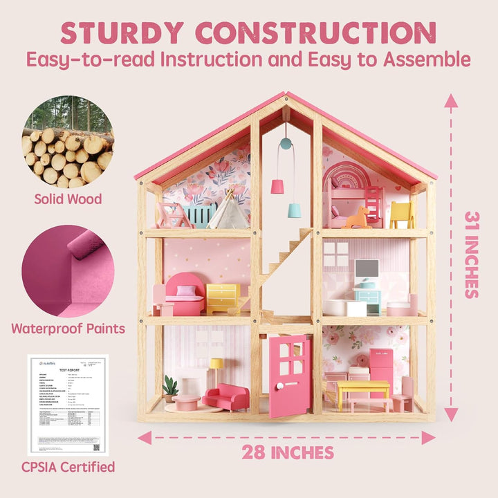 Wooden Dollhouse for Girls - 6 Rooms Wooden Doll House, DIY Pretend Doll House with 31Pcs Furniture Accessories, Creative Gift for Girl Ages 3+