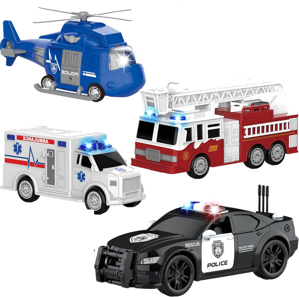 4 in 1 Toy Vehicle Playsets,Including Police Car,Fire Truck,Ambulance ,Toy Helicopter,2Fireman 1Policeman,Andk9 Dog, Friction Powered Vehicles with Light and Sound,Best Toddler Gifts