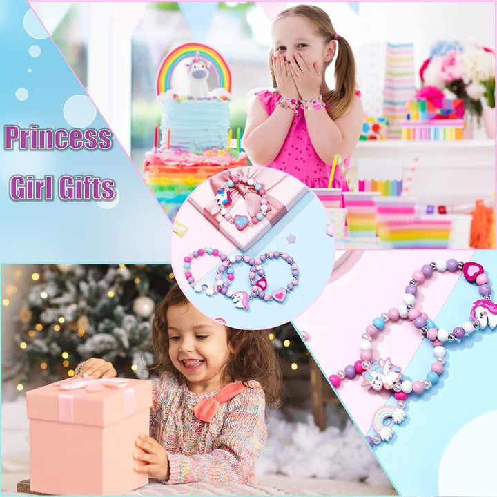 12 Pcs Kids Bracelets for Toddlers Girls - Unicorn Party Favors Pinata Stuffers Birthday Goodies Bag Stuffers Fillers, Cute Wooden Beaded Bracelets Rainbow Heart Pendants Play Jewelry Gifts