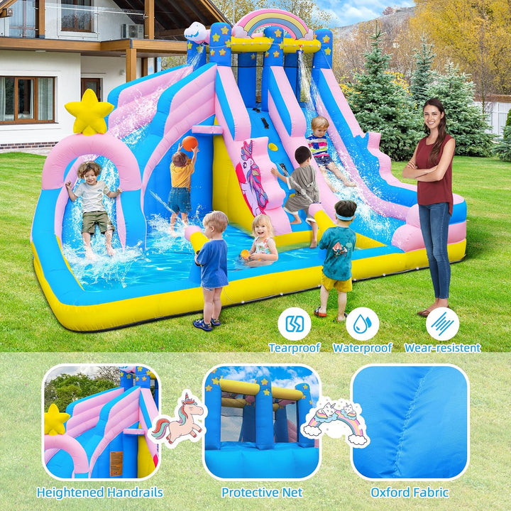 Inflatable Water Slide: 6 in 1 Bounce House Water Park for Kids - Climbing Wall Splash Pool 2 Water Cannon 2 Slide Basketball Rim - 550W Blower - for Outdoor Backyard Birthday Party