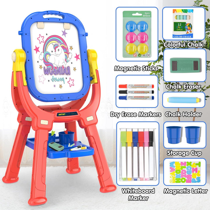 Easel for Kids, Rotatable Double Sided Adjustable Standing Art Easel with Drawing & Writing Accessories for Kids Boys and Girls (Red Blue)