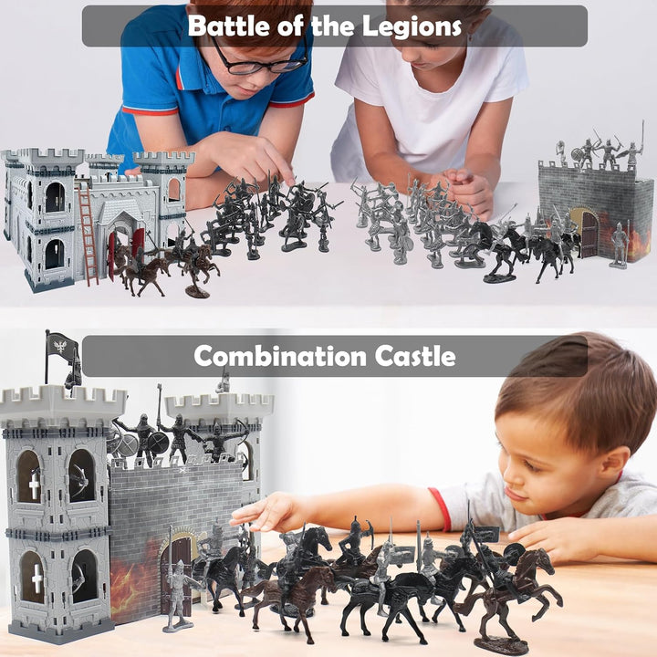 Medieval Castle Knight Toy Soldier Army Figurines, DIY Assembled Cavalry, Arrow Tower,8 Knights and 8 Horse, 36 Soldiers, Simulated Siege War of Attack Castle Toy for Boys