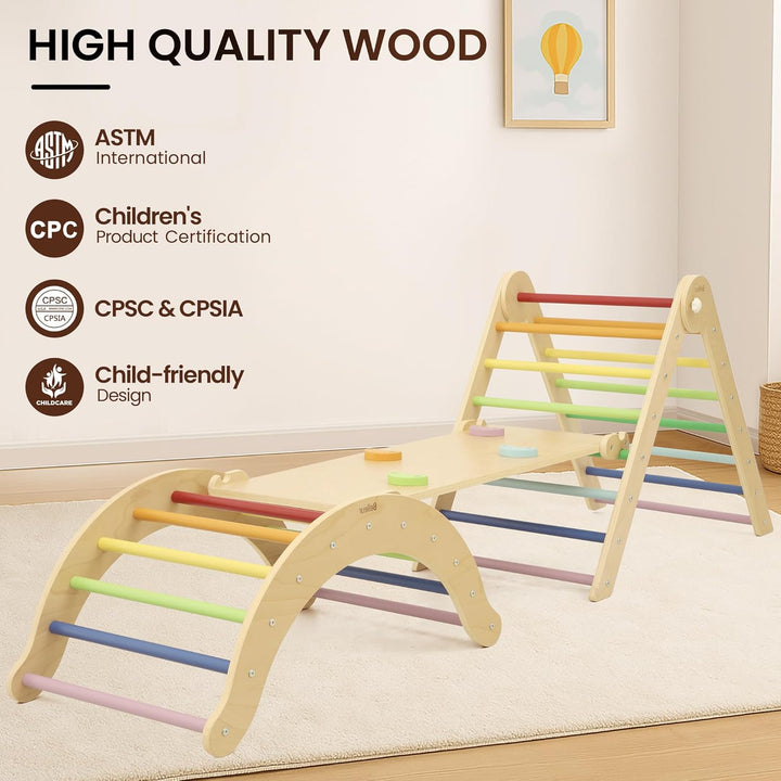 7-In-1 Climbing Toys for Toddlers 1-3 Inside, Foldable Wooden Montessori Climbing Set Indoor, Pikler Triangle Set with Arch, Ramp & Ladder - Rainbow