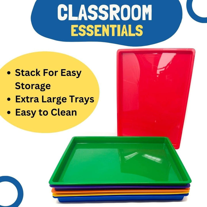 6 Plastic Paper Trays - Flat Stackable Art and Classroom Supply Organizer for Kids - Multi-Color Durable Educational Craft Trays, Sturdy and Safe