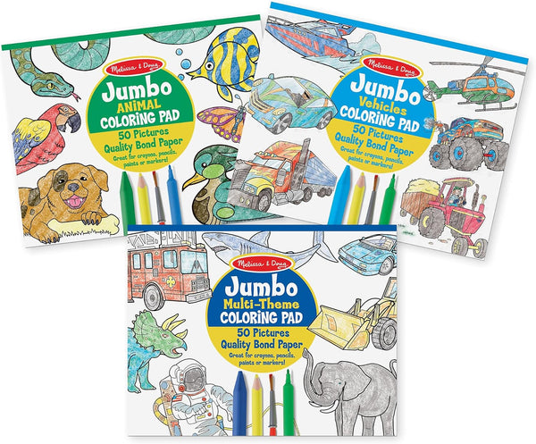 Jumbo 50-Page Kids' Coloring Pads 3-Pack - Animals, Vehicles, and Multi-Themed - FSC Certified