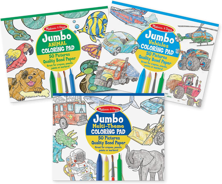 Jumbo 50-Page Kids' Coloring Pads 3-Pack - Animals, Vehicles, and Multi-Themed - FSC Certified
