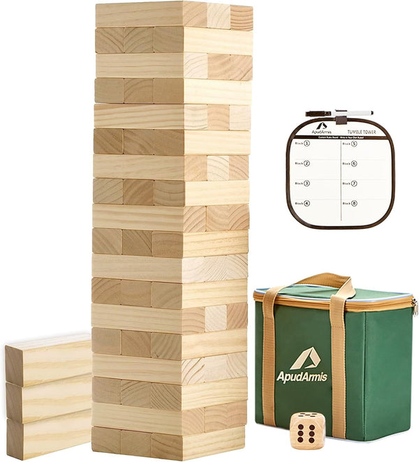 54 PCS Tumble Timber Set [Up to 3.2FT], Pine Wooden Tumble Tower Game with Dice and Scoreboard Set - Classic Block Stacking Board Game for Teens Children Teenagers