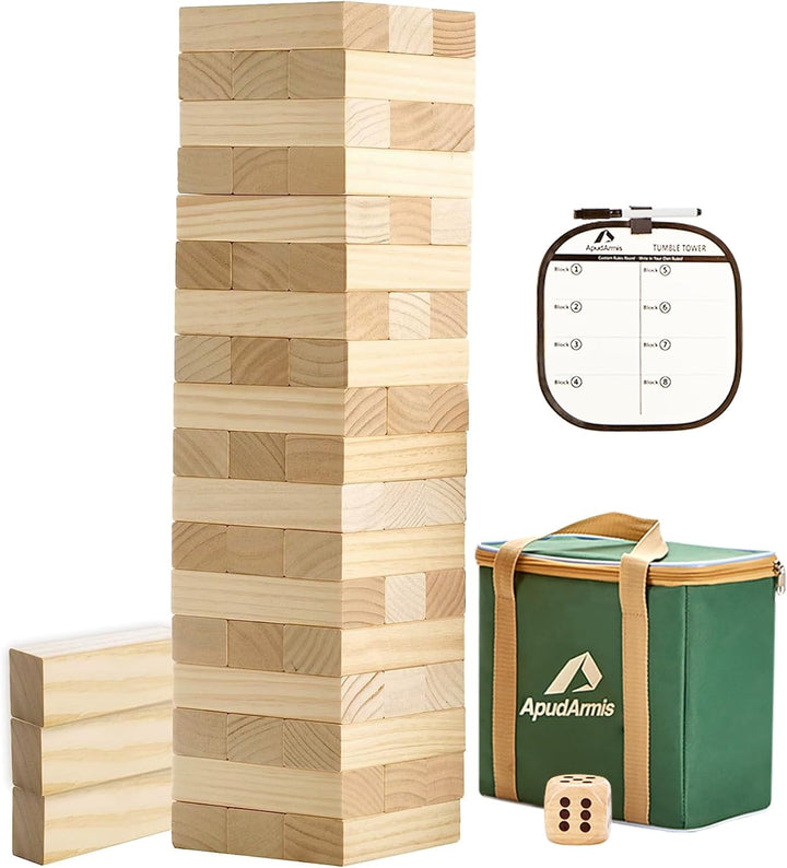 54 PCS Tumble Timber Set [Up to 3.2FT], Pine Wooden Tumble Tower Game with Dice and Scoreboard Set - Classic Block Stacking Board Game for Teens Children Teenagers