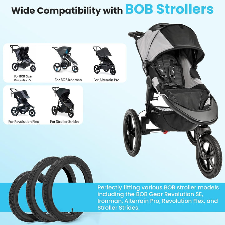 Rear 16×1.75/2.125 & Front 12×1.75/2.125/2.25 Tires and Inner Tube Fit for Bob Stroller Revolution Graco 3-Wheeler Gear Jogging Troller Models - Single and Double Stroller Tires Replacement