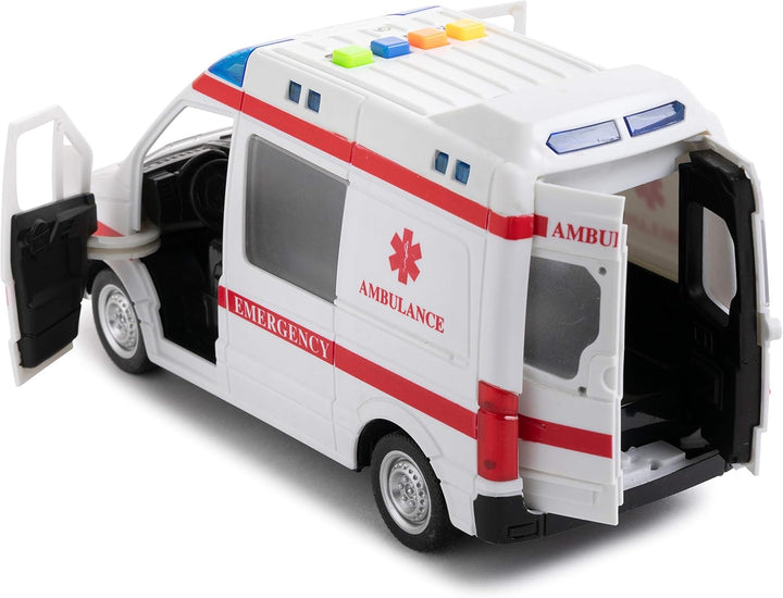 Ambulance Toy Car with Light & Siren Sound Effects - Friction Powered Wheels & LED Lights - Medical Transport Emergency Vehicle, Heavy Duty Plastic Rescue Vehicle Toy for Kids & Children