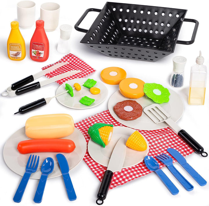 34 PCS Kitchen Toy Set, BBQ Play Grill, Cooking Toy Set, Little Chef Play, Kids Grill Playset Interactive BBQ for Kids with Light & Sound, Birthday Gift for Boys Girls