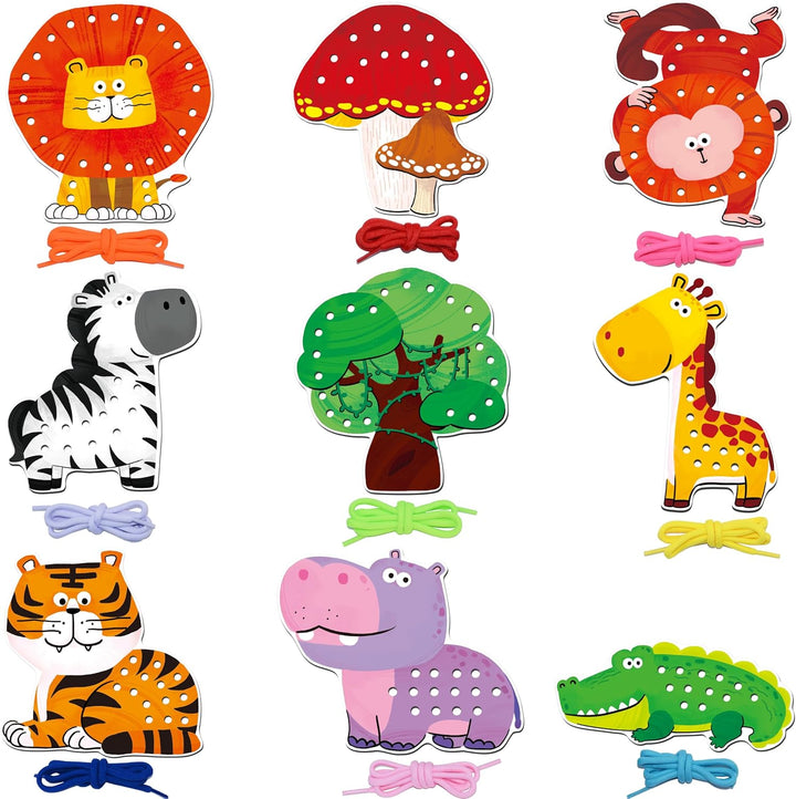9 Pieces Kids Lacing Cards, Double Sided Sewing Cards in 9 Wild Animals with 9 Colorful Laces, Imagination Development Lacing Toys Games for Children Educational and Learning Activity