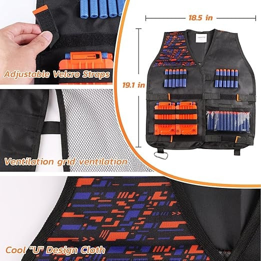 Kids Tactical Vest Kit for Nerf Guns N-Strike Elite Series with 40 Bullets Refill Darts, 2 Reload Clips, Dart Pouch, Tactical Masks, Hand Wrist Band and Protective Glasses Nerf Vest for Boys