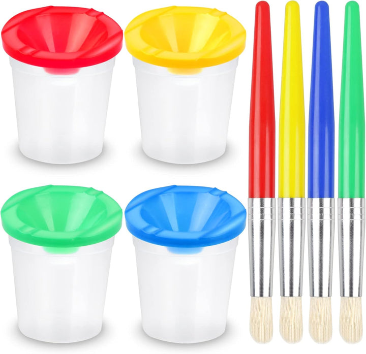 4 Pcs Kids No Spill Paint Cups and 4 round Paint Brushes 4 Colors Spill Proof Paint Cups for Children’ Art Class and Home.