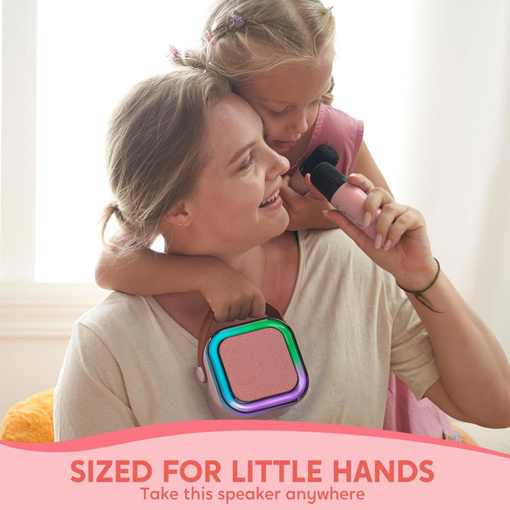 Karaoke Machine, Mini Karaoke Machine with 2 Wireless Microphones for Kids and Adults, Bluetooth Speaker Toys, Birthday Girls Gift for Ages 3,4, 5, 6,7, 8,9,10,11,12+ Years Old(Pink)