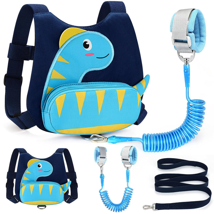 Toddler Harness with Leash, Cute Dinosaur Kids Harness + anti Lost Wrist Link, Mini Child Harness Leash Wristband Strap Belt Protector for Baby Boys Girls to Outdoor Travel (Blue)