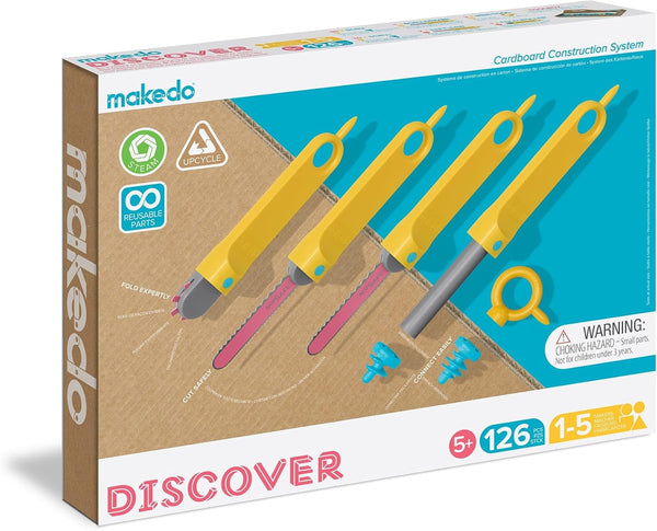 Discover | 126 Piece Cardboard Construction Toolbox for 1-5 Makers | STEM and STEAM Educational Toys for Kids | at Home Play + Classroom Learning | Reusable Tools for Boys and Girls Age 5+