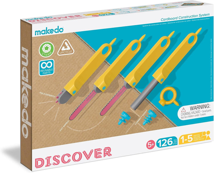 Discover | 126 Piece Cardboard Construction Toolbox for 1-5 Makers | STEM and STEAM Educational Toys for Kids | at Home Play + Classroom Learning | Reusable Tools for Boys and Girls Age 5+