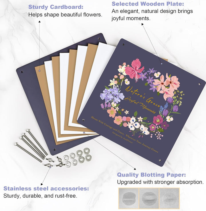 Flower Press Kit for Adults & Kids, with Designed Cover and DIY Album, 10.9" X 10.9" 10 Layers Flower Preservation Kit, Plant Press and Large Plant Drying Toolkit (Color Box, Purple Navy)