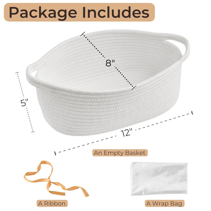 Gift Basket with Wrap Bag & Ribbon – Empty Small Woven Basket (12"X8"X5"), Cute Decorative Storage Organizer for Baby Showers, Pets, Toys, Shelves and More – White