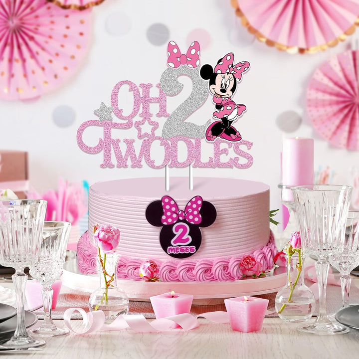 Mouse Oh Twodles Cake Topper for Girls, Pink Glitter Mouse Second 2Nd Birthday Cake Topper with Pink Bows for Girls Birthday Party Decorations Supplies, Silver&Pink