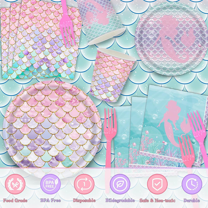 Mermaid Birthday Decorations, 147Pcs Mermaid Party Supplies-Serves 24 with Plates and Napkins Tablecloth and Birthday Banner Balloons for Mermaids Girl Birthdays Decorations