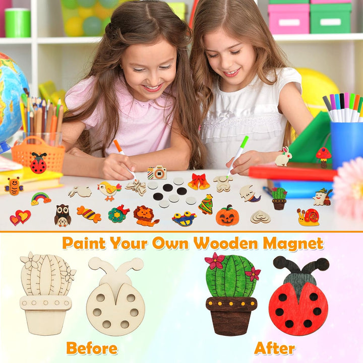 48 Pcs DIY Wooden Magnets, Wooden Art Craft Supplies Painting Kit for Kids Ages 4-8 8-12 Glow in the Dark Party Favors Goodie Bag Stuffers Birthday Gifts Toys for Boys Girls