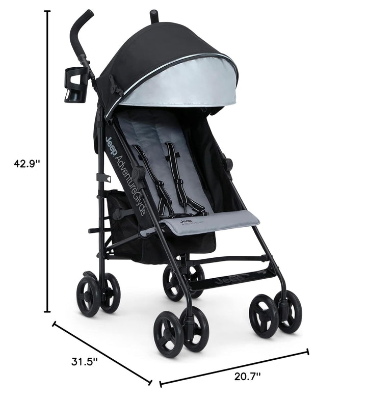 Jeep Adventureglyde Stroller by  - Lightweight Travel Stroller with Smoothest Ride & Compact Fold, 3-Position Recline, Extra Large Storage Basket, Black/Grey