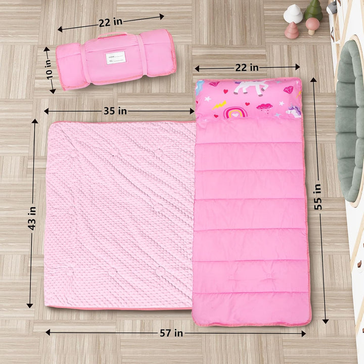 Toddler Nap Mat with Removable Pillow and Fleece Blanket, Extra Large 55''X35'' Sleeping Bag, Washable, Light, Easy to Roll Up, Perfect for Daycare, Preschool, Kindergarten, Travel