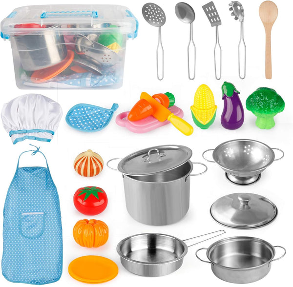 Play Kitchen Accessories, Kids Play Pots and Pans Playset with Mini Stainless Steel Pretend Play Cooking Toys, Cookware Utensils, Apron and Chef Hat, Cutting Food for Toddler Boys Girls