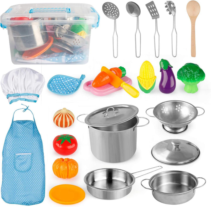 Play Kitchen Accessories, Kids Play Pots and Pans Playset with Mini Stainless Steel Pretend Play Cooking Toys, Cookware Utensils, Apron and Chef Hat, Cutting Food for Toddler Boys Girls