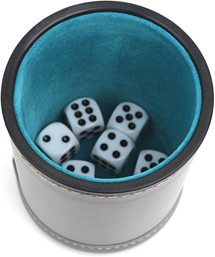 Dice Felt Lined PU Leather Dice Cup with 6 Dice, Felt Lined Interior Quiet Shaker for Yahtzee Game (Gray)