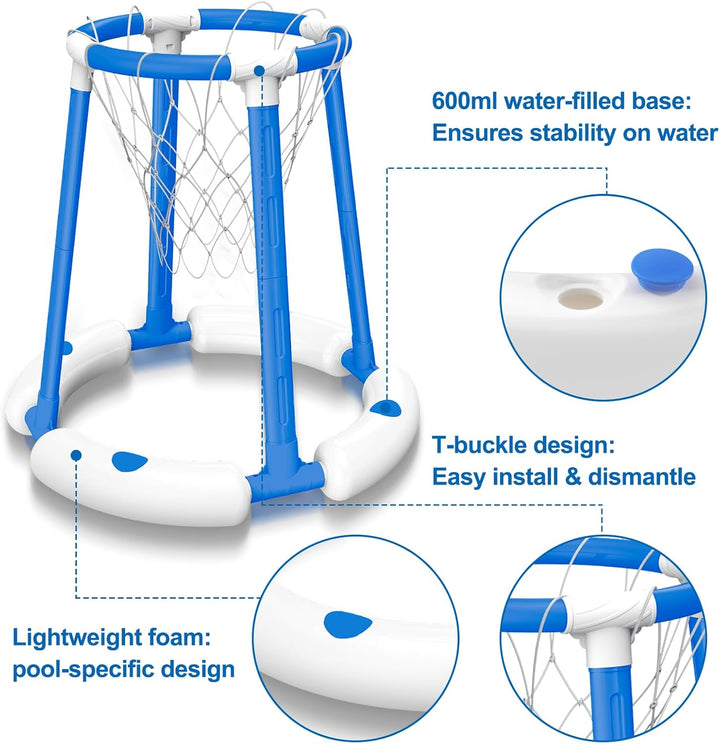 Pool Basketball Hoop Set, Floating Pool Basketball Game with Scoreboard & Whistle, Swimming Pool Toy Basket Ball Goal Poolside, Summer Indoor Outdoor Water Play Toy for Kids & Adults