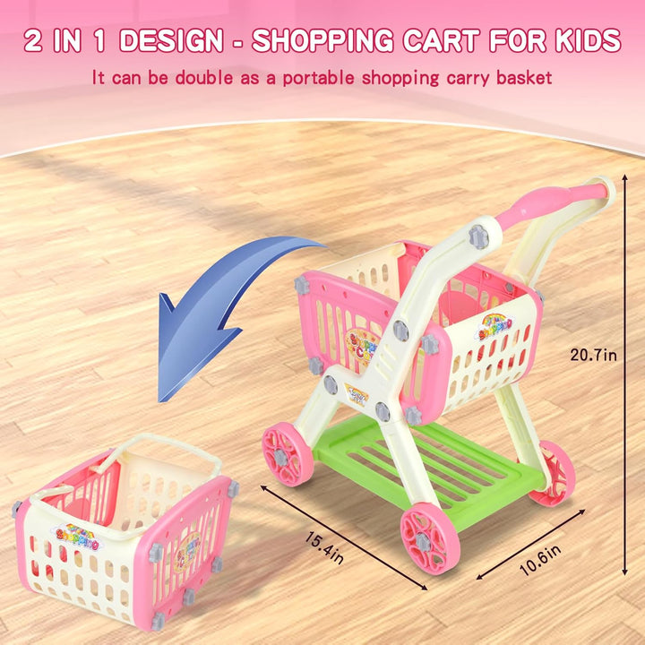 Kids Shopping Cart - 2 in 1 Toy Shopping Cart with Play Food Fruit Vegetable Dessert and Shop Accessories, 72Pcs Pretend Play Grocery Store Toy Kitchen Game Trolley Play Set for Kids (Pink)