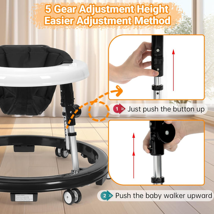 Music and Lights Baby Walker Foldable with 9 Adjustable Heights, Baby Walker with Wheels Portable, Infant Toddler Walker for Baby Boy Girls 6-18 Months