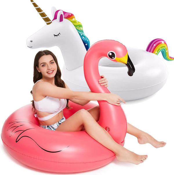 Inflatable Unicorn Flamingo Pool Floats -  2 Pack Pool Floaties Inflatables Rafts for Swimming Pool Tubes for Floating Lake Beach Floaty Swim Rings Pool Party Toys for Adults Kids